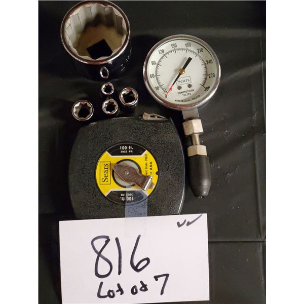 CRAFTSMAN LOT OF 7 COMPRESSION GAUGE, TAPE MEASURE (100ST) AND SOCKETS