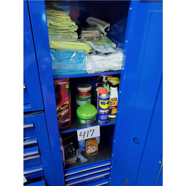 CONTENTS OF CABINET DOOR: MICROFIBER TOWELS, CAR CARE SOLUTIONS, WAX, LUBRICANTS