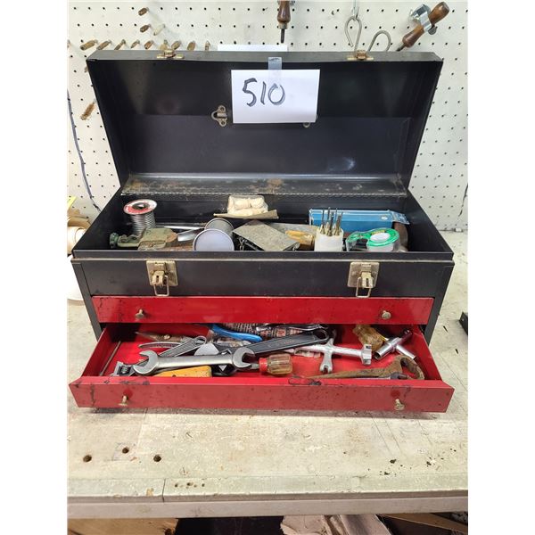 TOOL BOX WITH TOOLS INSIDE - WRENCHES, PLIERS, HAMMER