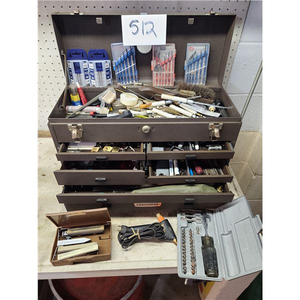 CRAFTSMAN TOOL BOX WITH MISC ASSORTED BRAND TOOLS INSIDE - KOBALT, DUREX, CHAMPION, CLEANING BRUSHES