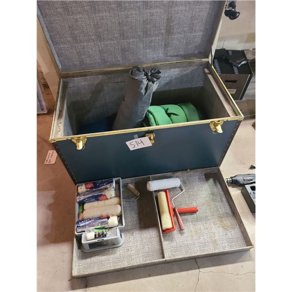 LARGE TRUNK WITH SLEEPING BAG, FOLDING CAMP CHAIR, PAINT ROLLERS