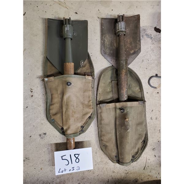 PAIR OF VINTAGE WAR ERA ARMY ISSUED FOLDING TRENCH SHOVELS, W/ CANVAS COVERS