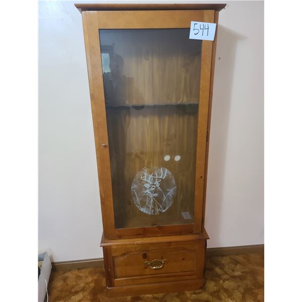 Wooden Gun Cabinet w/Key with embossed Deer on Glass
