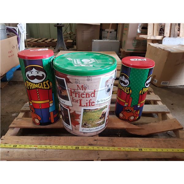 2 Pringles Tins & Dog Food Tin