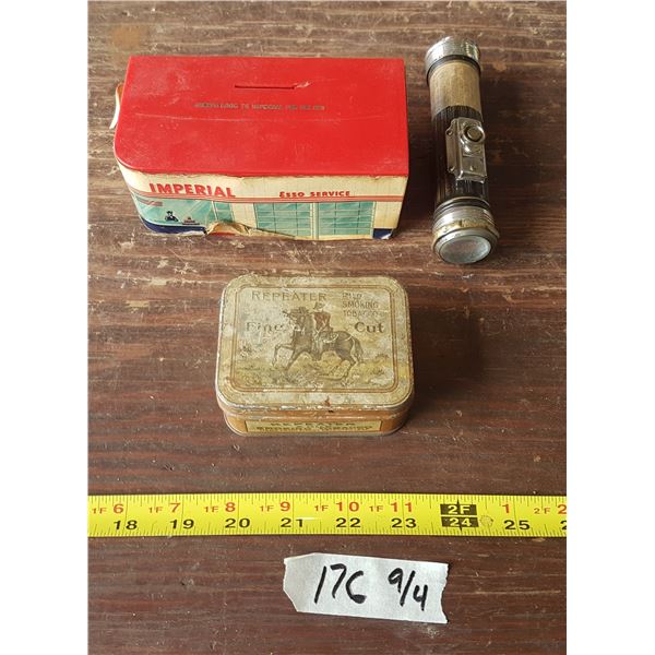 Esso Pc. & Vintage Flashlight & Tobacco Tin