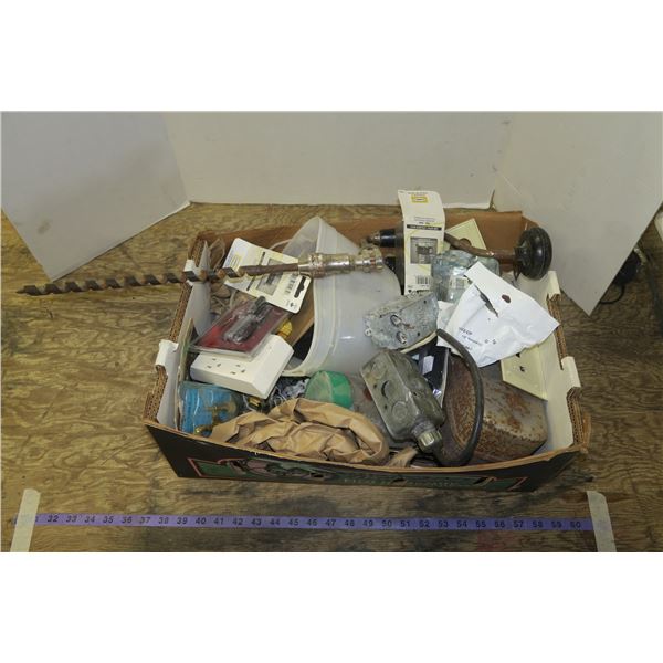 Lot of Electrical, Antique Hand Drill, & Hardware