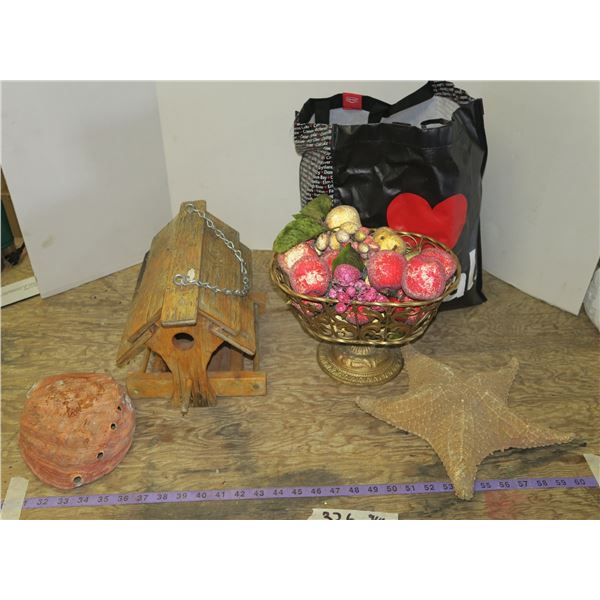 Lot of Misc. Decorations: Faux Fruit, Birdhouse, Seashells