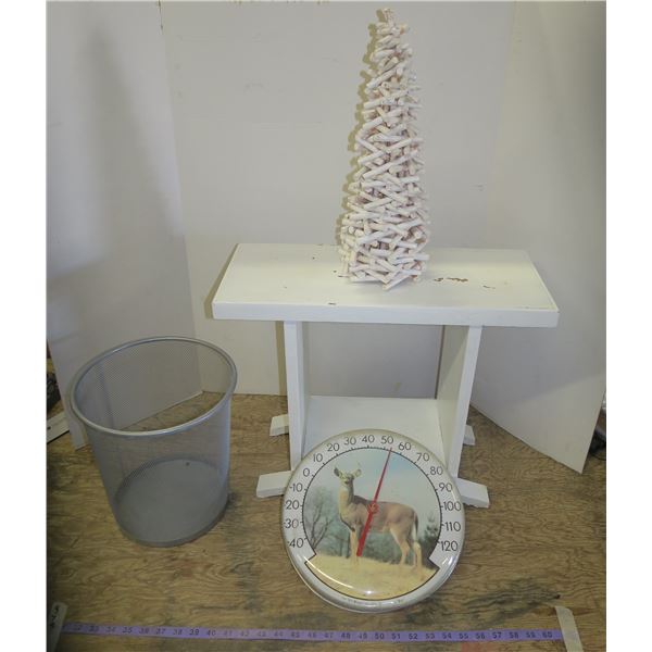 Small Table + Metal Waste Basket, Thermometer