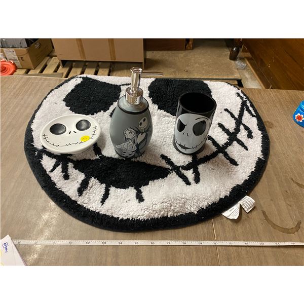 Nightmare Before Christmas Bath Set, includes mat, soap dish, pump soap jar, and cup