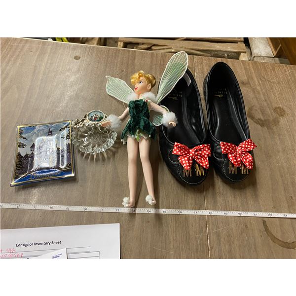 Lot Disney Tinker Bell Doll, Minnie Mouse Shoes, Disneyland Dishes