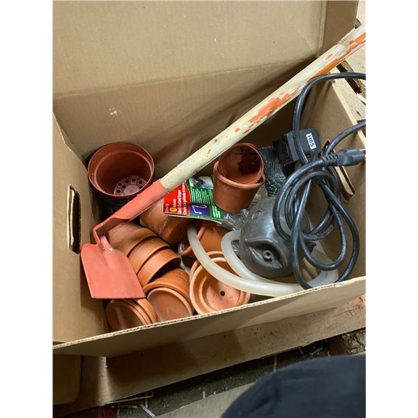 Lot Garden small clay pots, with dish, kids garden hoe, pond fish with air pump