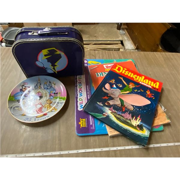 Lot Disney Collector Plate, Spy Case, Disney Book, Dinosaurs sticker book, and felt sticker mat