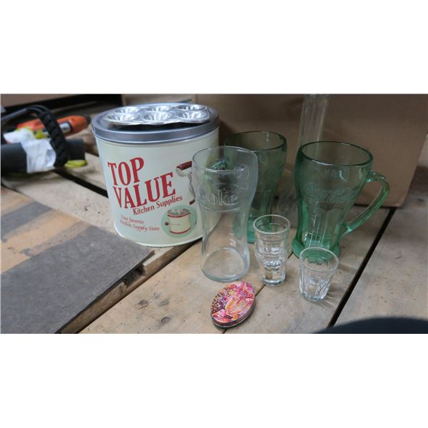 Lot Coke Glass, Coke Mugs, shot glasses, metal tin, nesting canisters