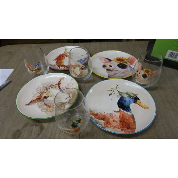 Lot Farm Animal Matching Glass and Plates
