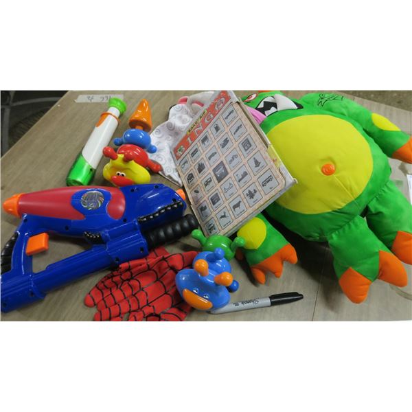Kids Toy Lot, Spiderman gloves, telescope, stuffed monster, hand puppet, car bingo game, colored bug