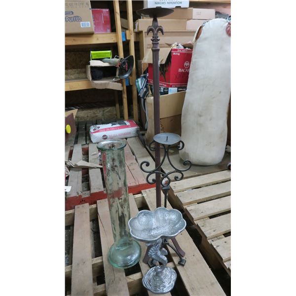Lot 22" Glass Vase, 12" Sea Horse with Dish, 36" and 23" metal candle holder