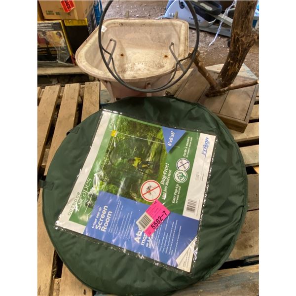 Kid's Wheel Barrel 15" tall, 20" Metal Flower Pot Stand, Pop Up Screen House