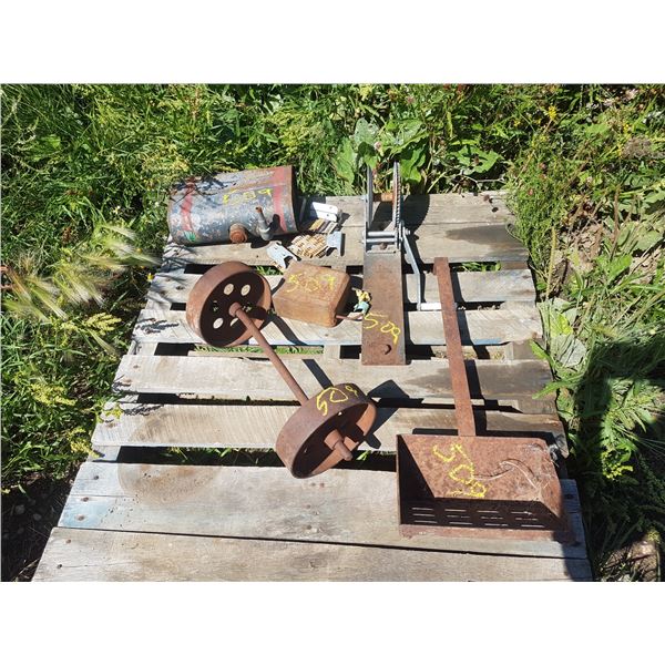 Lot Rustic Metal Items & Winch & Tank