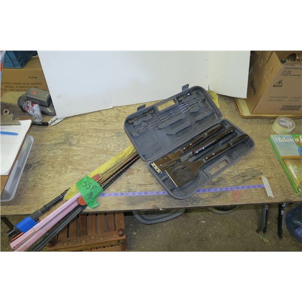 Lot BBQ Utensils & Fishing Poles & Shelf Brackets