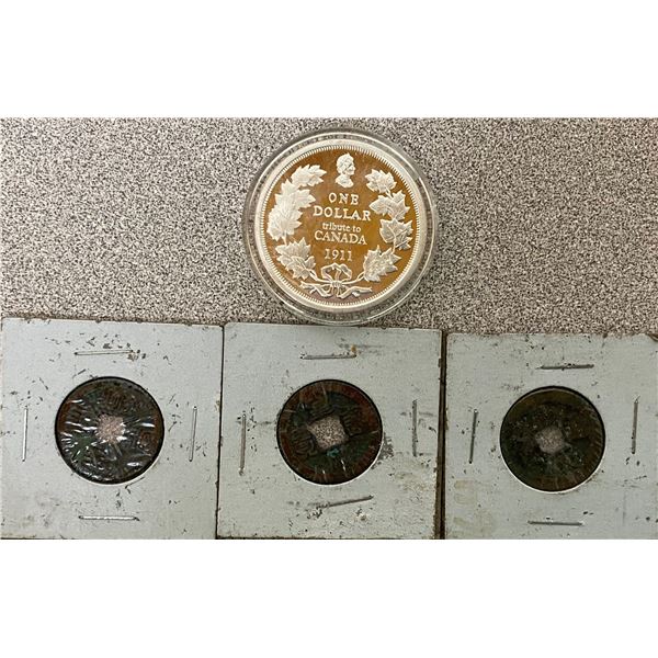 (3) Small Foreign Coins + 1911 Canadian One Dollar Coin