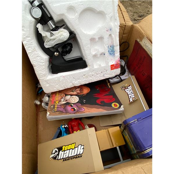 Lot Assorted Toys, Microscope, Tech Deck Ramps, cars, Scooby Doo Tin with Latch