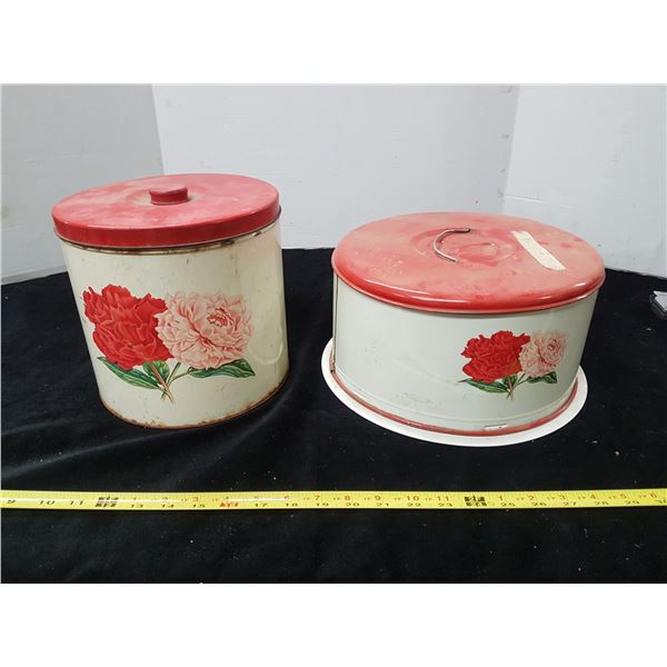 Box of Canisters (Kitchen) & Cake Pan Yellow Red Top