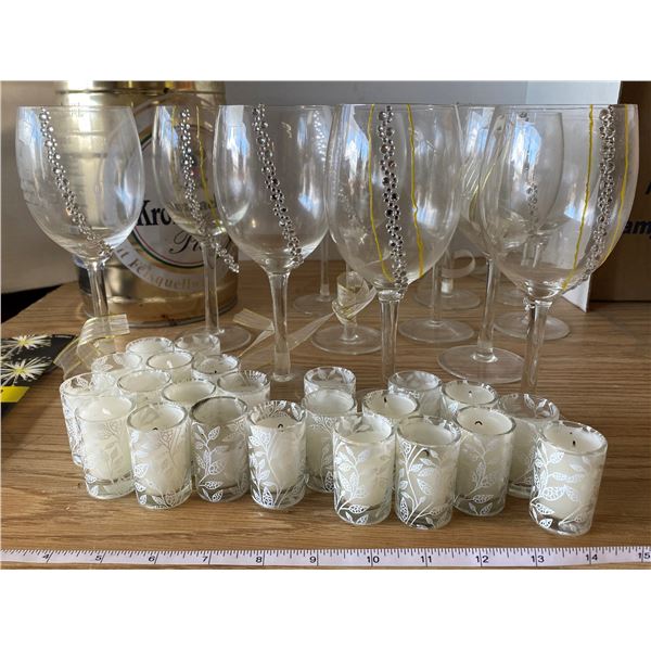 Lot Celebration Decorations, Wine Glasses, Glass Votive Candles, & Sparklers