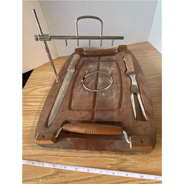 Wooden Meat Carving Platter with Knife and Fork