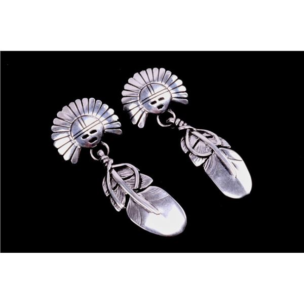 Navajo Sun Face Kachina Sterling Signed Earrings