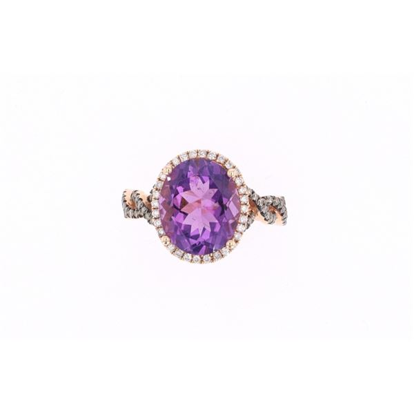 Pink Amethyst Brown & White Diamond 14k Gold Ring