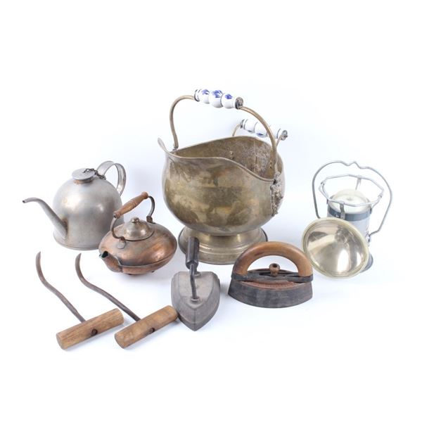 Assorted Pots, Clothing Iron, Lantern, & Hay Hooks