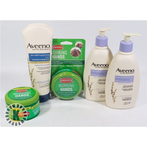 BAG OF AVEENO LOTION AND O'KEEFFES HAND CREAM