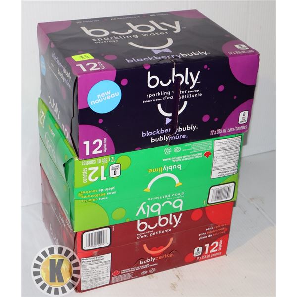 THREE ASSORTED CASES OF BUBLY SPARKLING WATER