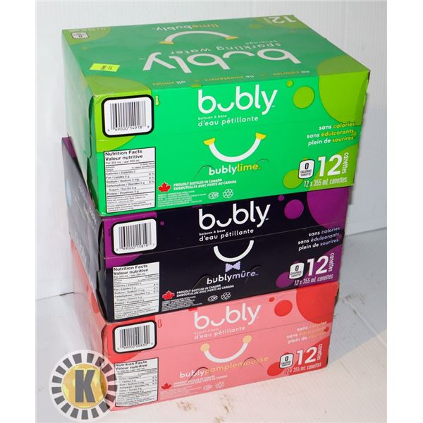 THREE ASSORTED CASES OF BUBLY SPARKLING WATER
