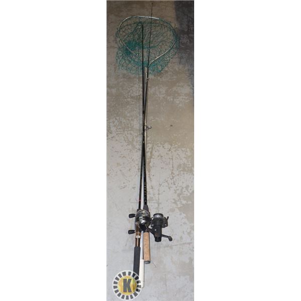 TWO FISHING RODS WITH REELS SOLD WITH NET