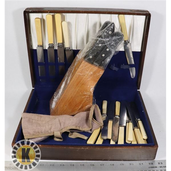 SPREADERS  IN CASE AND KNIFE-SET IN WOODEN HOLDER