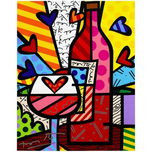 Romero Britto "Food & Wine" Hand Signed Limited Edition Giclee on Canvas; COA