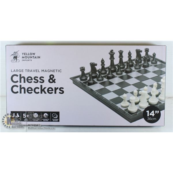 LARGE TRAVEL MAGNETIC CHESS & CHECKERS - 14"