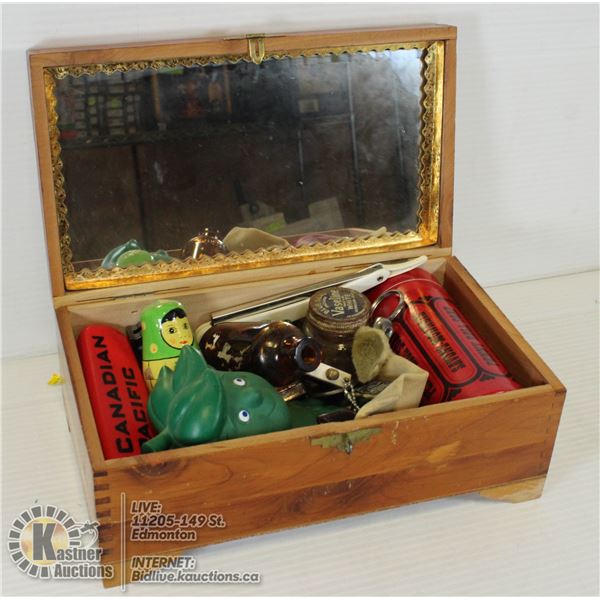 VINT. WOODEN BOX FILLED WITH COINS, ANTIQUES,