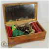 Image 1 : VINT. WOODEN BOX FILLED WITH COINS, ANTIQUES,