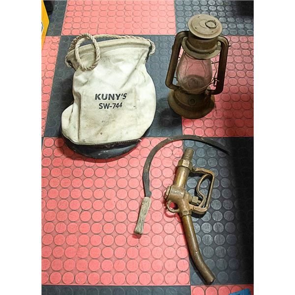 OLD ANTIQUE LANTERN/GAS HANDLEWITH BAG & SCYTHE