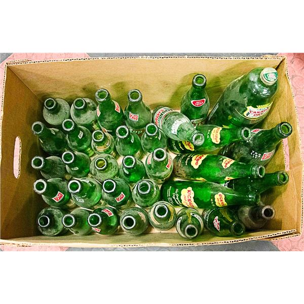 32 VINTAGE GREEN POP BOTTLES