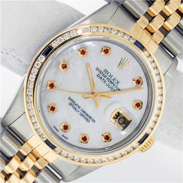 Rolex Mens 2 Tone MOP Ruby Diamond Channel Set Datejust 36MM Oyster Perpetual Wr