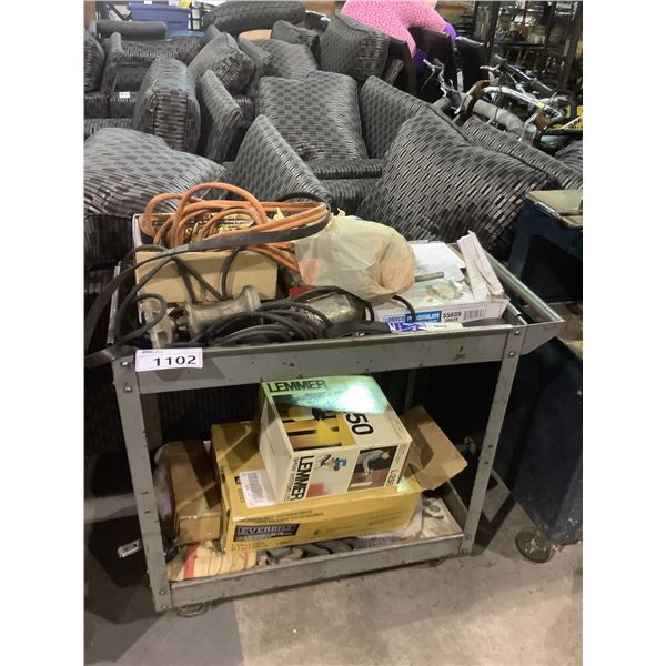 GREY ROLLING CART WITH CONTENTS