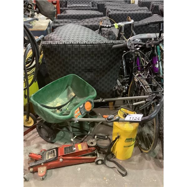 SCOTTS SPREADER, CHAPIN SPRAYER AND 4000LBS CAPACITY JACK