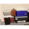 Image 1 : ASSORTED COOLERS, GAS CANISTER AND WIRE BASKET