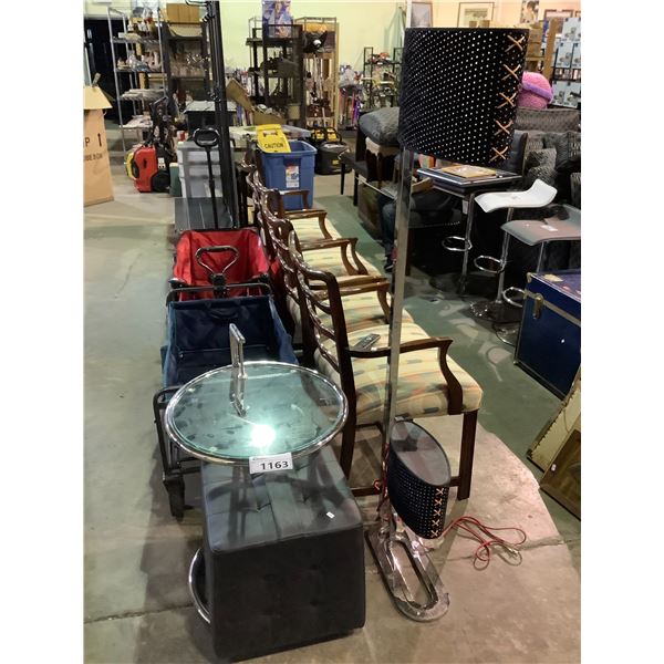 ROLLING FOOTSTOOL, GLASS SIDE TABLE AND PAIR OF MATCHING LAMPS