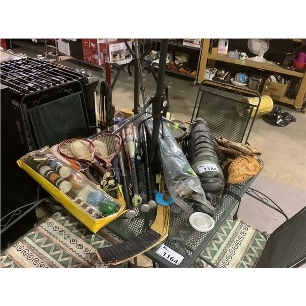 ASSORTED SPORTS GEAR AND INSTRUMENT STAND