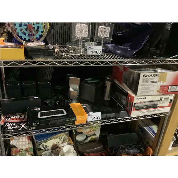 SHELF OF ASSORTED ELECTRONICS; CASSETTE PLAYER, SPEAKERS AND MORE