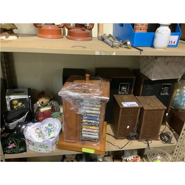 ZENITH ALLEGRO SPEAKERS, ASSORTED CASSETTES + STAND, KODAK CAMERA, BEADED PURSE, AND MORE